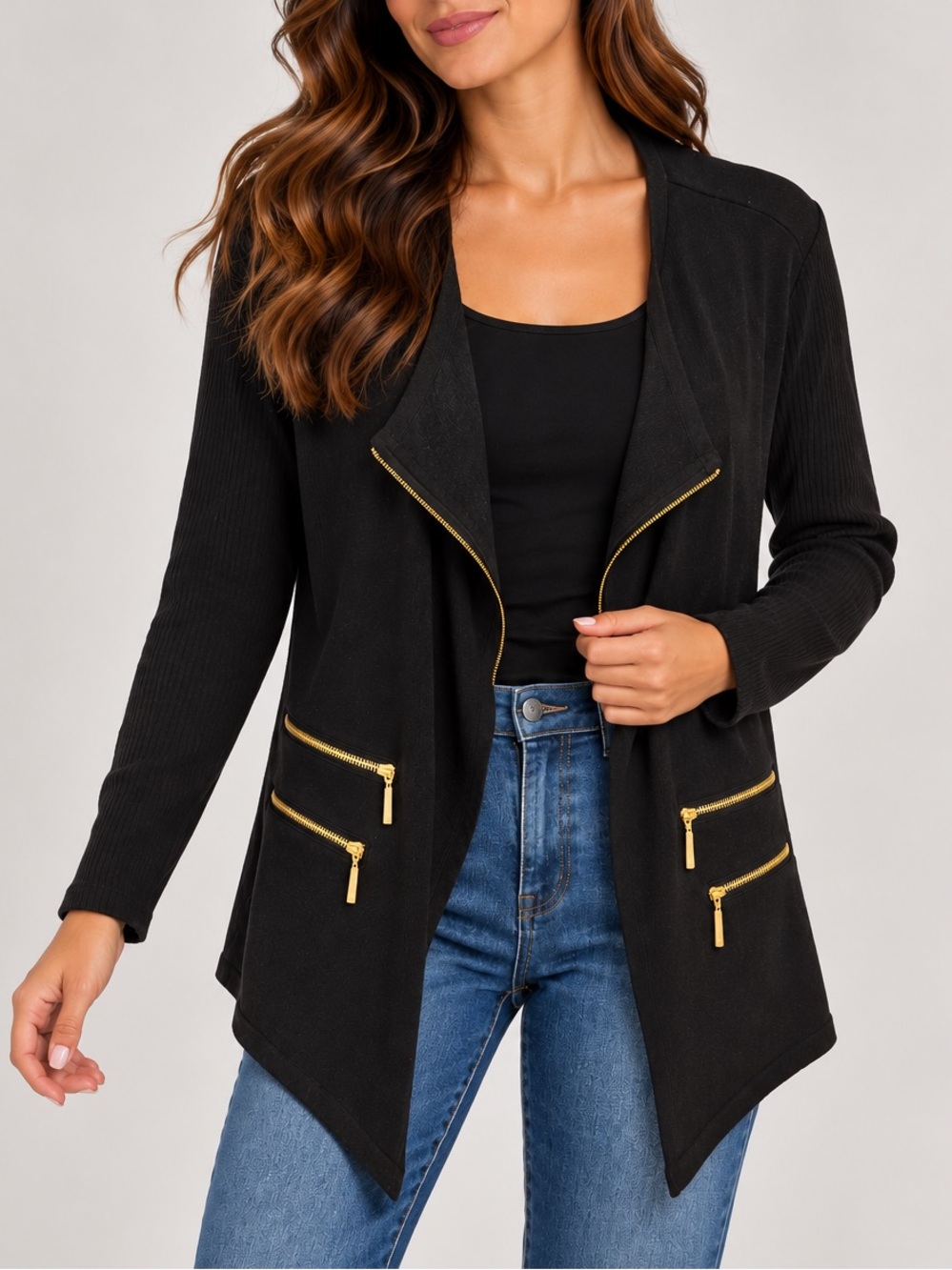 INC International Concepts Black Open-Front Jacket with Gold Zippers